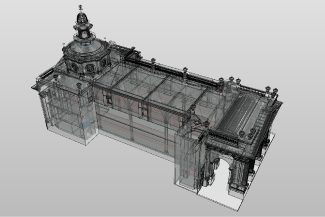 A 3D model of the Ibero-American Library, featuring a central dome, arched entrance, and ornate architectural details, viewed from a high angle against a plain background.