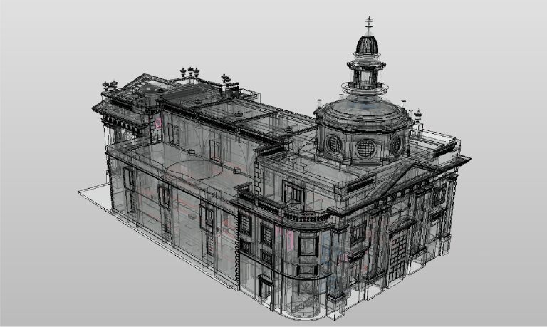 Un modelo tridimensional de la Biblioteca Iberoamericana, con una torre central abovedada, ventanas arqueadas e intrincados detalles arquitectónicos, se muestra desde un ángulo elevado sobre un fondo liso