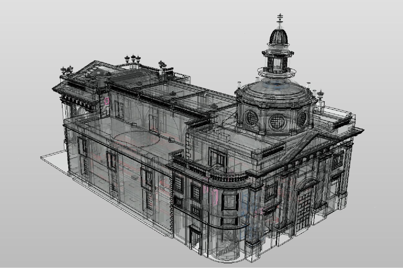 A 3D model of the Ibero-American Library, featuring a dome, arched windows, and decorative architectural details, viewed from a high angle against a light gray background.