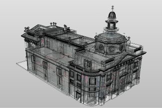 A 3D model of the Ibero-American Library, featuring a dome, arched windows, and decorative architectural details, viewed from a high angle against a light gray background.