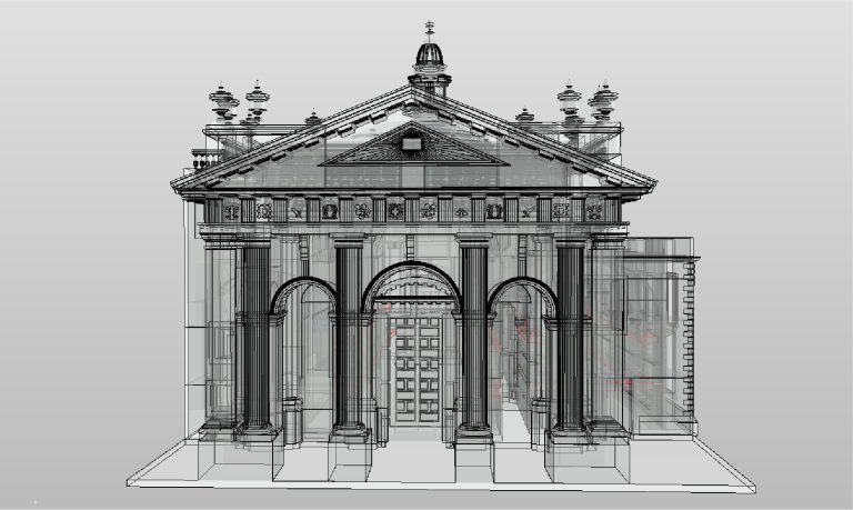 Un esquema arquitectónico digital de la Biblioteca Iberoamericana, con columnas clásicas, arcos y un frontón triangular, muestra elementos estructurales y decorativos detallados en un estilo transparente y técnico