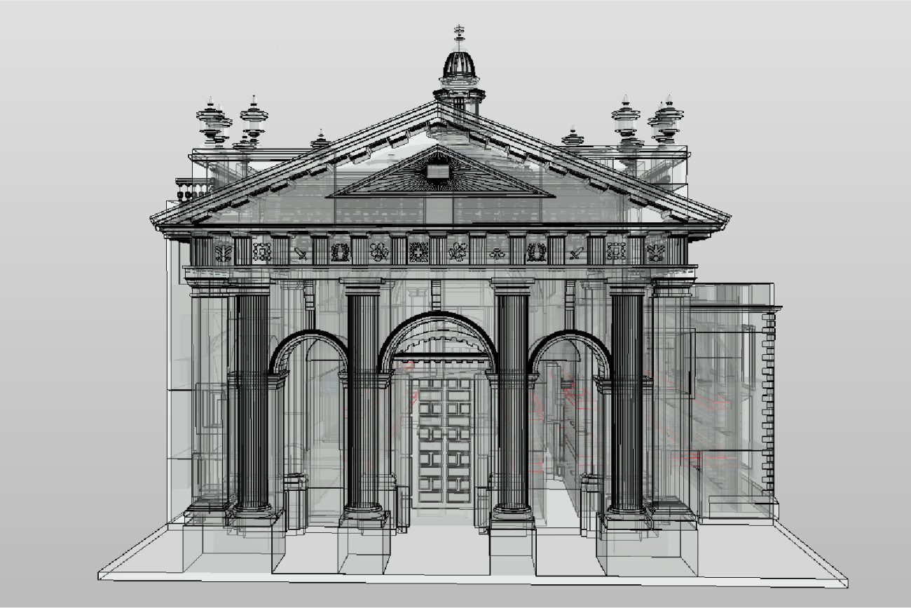 A detailed architectural drawing of the Ibero-American Library shows a classical building with a triangular pediment, columns, arched doorways, and ornate decorative elements, outlined with transparent black lines and superimposed on a light background.