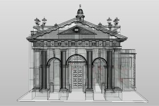 A detailed architectural drawing of the Ibero-American Library shows a classical building with a triangular pediment, columns, arched doorways, and ornate decorative elements, outlined with transparent black lines and superimposed on a light background.