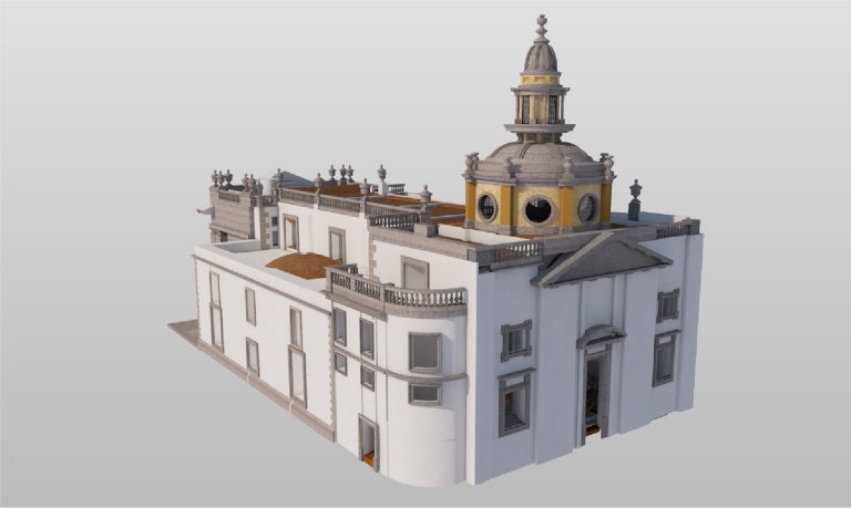 Modelo renderizado en 3D de la Biblioteca Iberoamericana, con paredes blancas, ventanas arqueadas, balcones ornamentados y una gran torre abovedada coronada por una aguja sobre un fondo liso de color gris claro