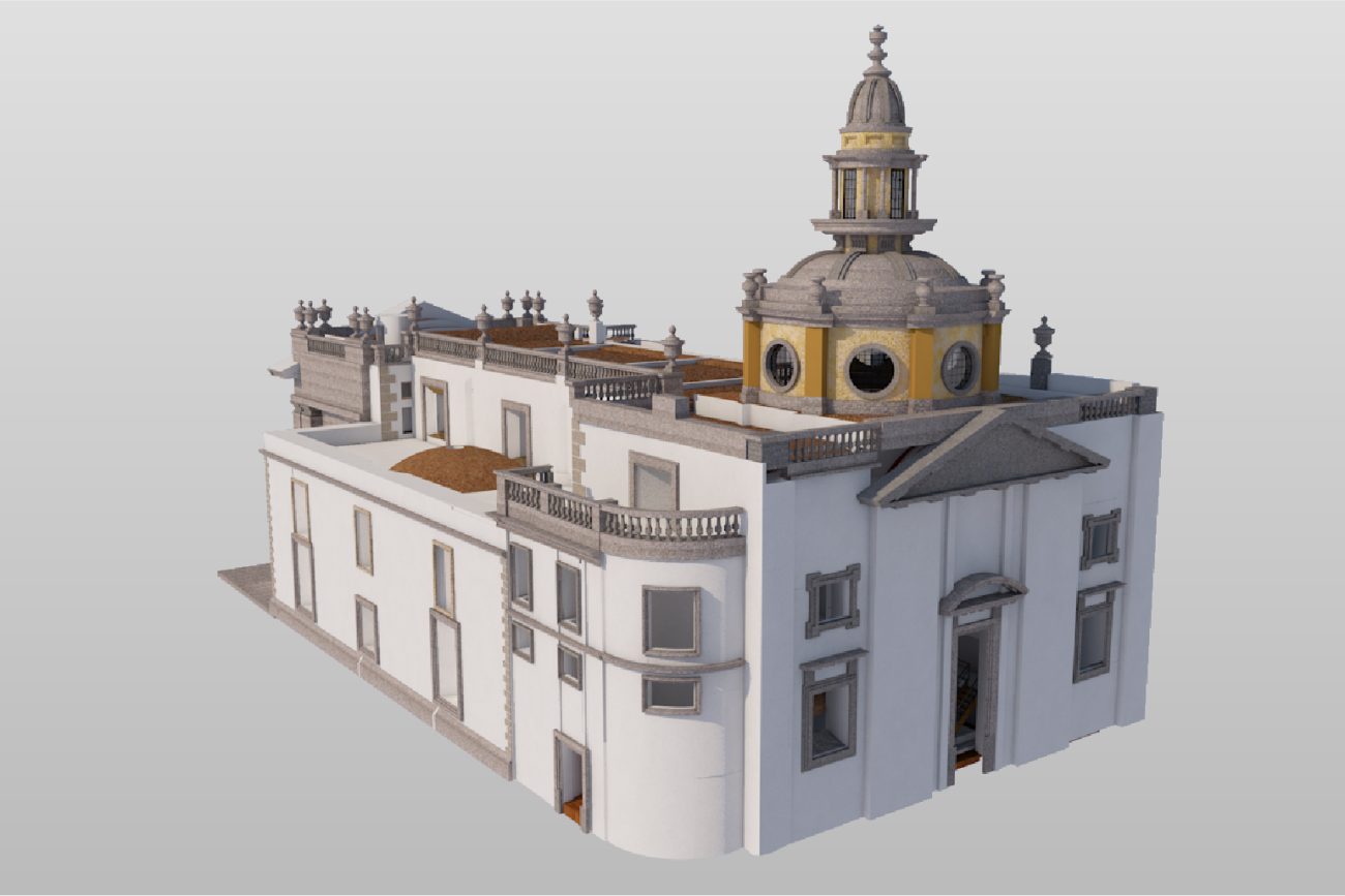 3D rendering of a classic European-style building, the Ibero-American Library, with white walls, arched windows, a large central dome, and decorative roof railings against a light gray sky.