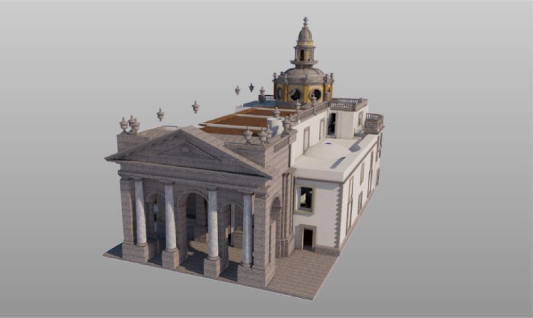 Modelo renderizado en 3D de la Biblioteca Iberoamericana, un edificio neoclásico con altas columnas en el frente, detalles ornamentales en el tejado y una cúpula con una estructura de linterna en la parte superior. La estructura blanca y gris se sitúa sobre un fondo gris liso