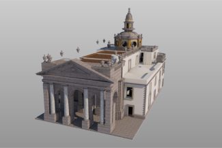A 3D rendered model of the Ibero-American Library's classical-style building, featuring tall columns at the entrance, a domed tower, and decorative architectural details on the roof and facade.