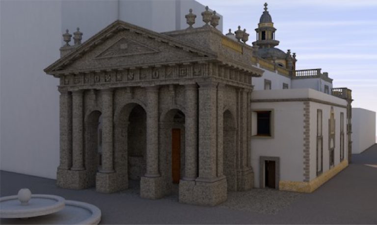 Un edificio de piedra con columnas clásicas y frontón triangular se alza junto a la estructura blanca de la Biblioteca Iberoamericana, con una fuente en primer plano y una torre abovedada visible bajo un cielo parcialmente nublado