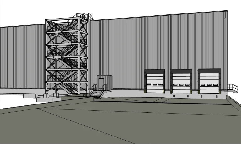 Representación arquitectónica en blanco y negro de un edificio de almacén, inspirado en el estilo de diseño de Planta Industrial BMW, con tres puertas de muelle de carga, una escalera exterior y una pequeña entrada con escalones en una zona abierta pavimentada