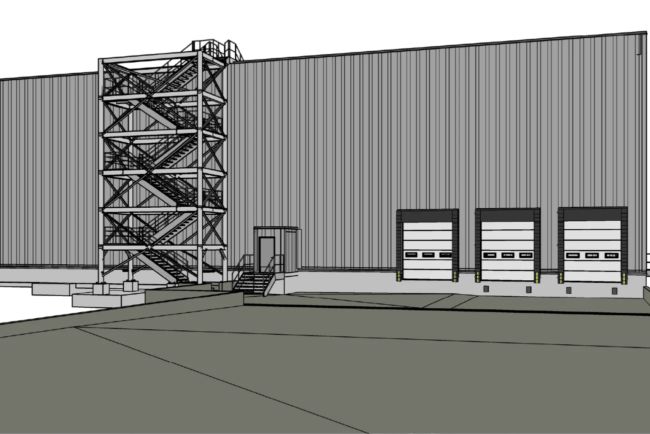 A black and white architectural rendering of a modern BMW Industrial Plant, showing a metal exterior, an exterior staircase, and three loading dock doors with ramps.