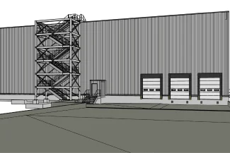 A black and white architectural rendering of a modern BMW Industrial Plant, showing a metal exterior, an exterior staircase, and three loading dock doors with ramps.