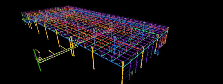 Un colorido modelo estructural en 3D de la estructura de un edificio, similar a los utilizados en los proyectos de Planta Industrial BMW, muestra vigas, pilares y soportes interconectados sobre un fondo negro