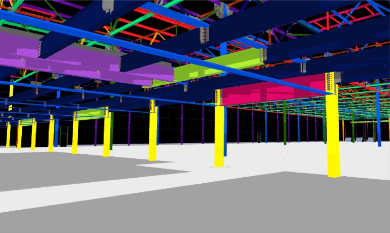 Un colorido modelo 3D de la estructura de acero de un edificio en Planta Industrial BMW, con columnas amarillas, vigas azules y cerchas en rojo, verde y morado, expuesto en una estructura parcialmente terminada sobre un suelo gris y blanco