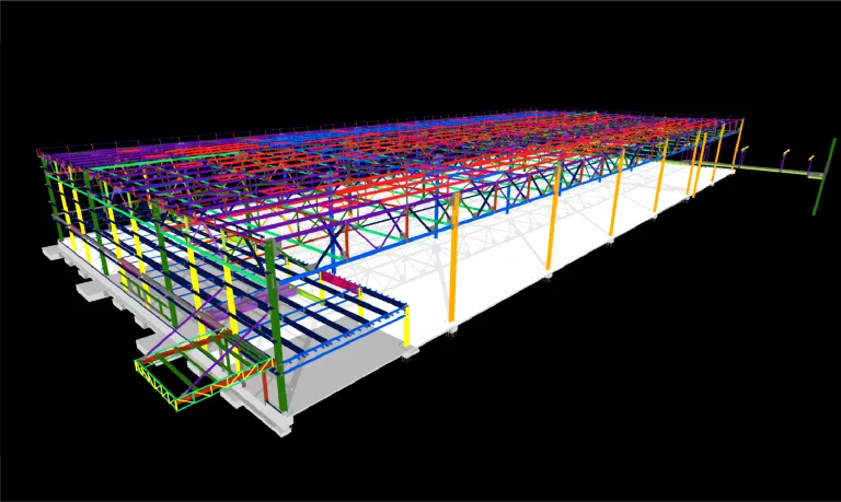 Modelo en 3D de la estructura de acero de una planta de BMW con vigas y pilares multicolores, sobre una base blanca y fondo negro, que muestra en detalle los elementos estructurales típicos de una Planta Industrial BMW