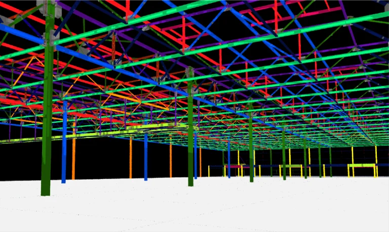 Representación digital de una gran estructura abierta de Planta Industrial BMW con vigas y pilares de acero multicolor sobre un suelo blanco, mostrando el armazón en un modelo 3D sobre fondo negro
