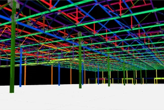 Colorful 3D model of the structure of a BMW Industrial Plant, with beams, columns, and supports in red, blue, green, yellow, and purple on a black background with a white floor.