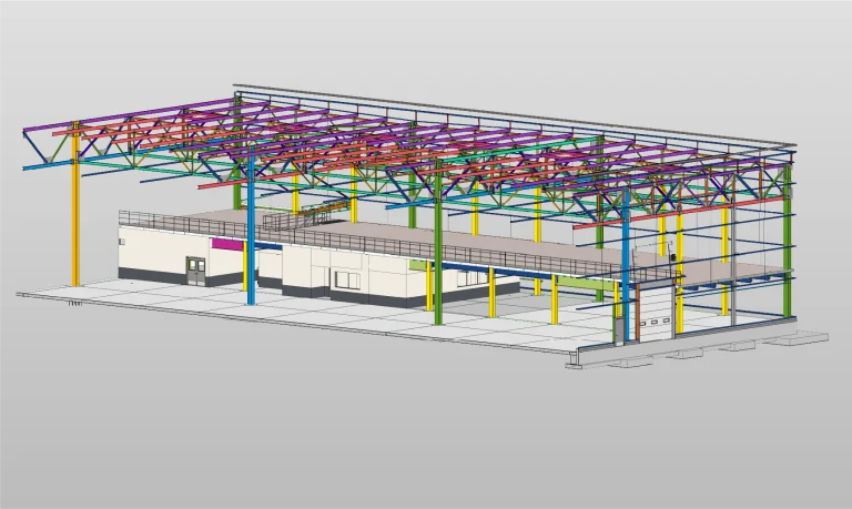 Modelo digital en 3D de una Planta Industrial BMW con estructura de acero, que muestra vigas multicolores, columnas, muros parciales, entreplanta y muelle de carga. La estructura está parcialmente cerrada, revelando detalles del interior