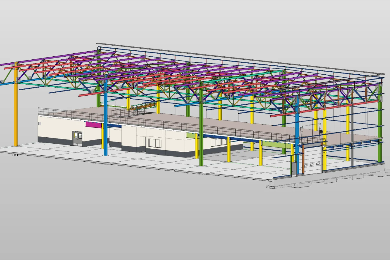 3D model of a BMW Industrial Plant with steel structure, colored beams, platforms, and partial walls, showing detailed structural and architectural elements against a white background.