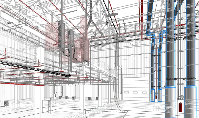 Un detallado renderizado arquitectónico en 3D de Planta Industrial BMW muestra el interior del edificio con los sistemas estructurales, eléctricos y de fontanería expuestos, incluidas tuberías, conductos y cableado en varios colores para mayor claridad