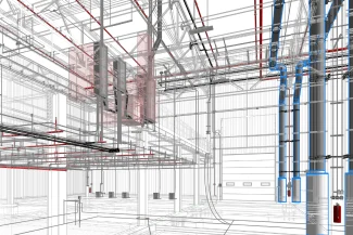 A 3D architectural rendering of the interior of a BMW Industrial Plant features transparent walls, exposed structural beams, and red, blue, and black pipes and wiring illustrating the mechanical, electrical, and plumbing systems.