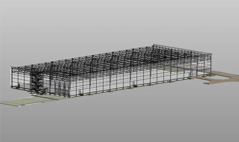 Representación en 3D de un gran edificio rectangular, de la Planta Industrial BMW, con estructura metálica y paredes de cristal, mostrado desde un ángulo elevado sobre un fondo gris, con pasarelas que conducen a sus entradas