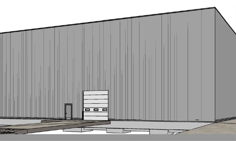 Representación digital de una nave industrial alta y gris de la Planta Industrial BMW, con líneas verticales, una gran puerta de garaje y una puerta de entrada más pequeña. En primer plano se ven los cimientos de hormigón y el pavimento