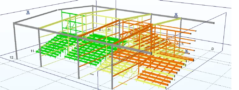 Modelo estructural en 3D del armazón de una sala de cine en Mitikah, que muestra vigas y pilares en colores degradados de verde a naranja, con líneas de cuadrícula y etiquetas de ejes en el fondo