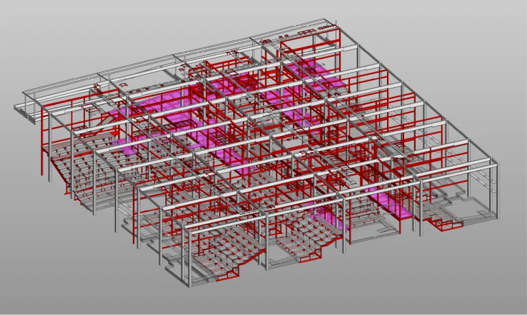 Modelo arquitectónico en 3D de la estructura de un edificio con secciones resaltadas en rojo y morado, que muestra vigas, columnas y entramados internos sobre un fondo gris: diseño inspirado en las líneas modernas de Mitikah