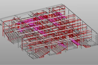 Modelo arquitectónico en 3D que muestra la estructura de un edificio con vigas de acero en rojo, pisos y áreas de asientos (posiblemente representando una sala de cine o auditorio Cinépolis en Mitikah) mostrado sobre un fondo gris claro.