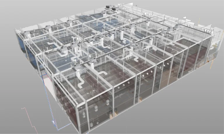 Un modelo renderizado en 3D del interior del edificio de Cinépolis Mitikah en Ciudad de México, que muestra una cuadrícula de salas divididas por paredes transparentes, con conductos de ventilación visibles, tuberías y vigas estructurales en el techo