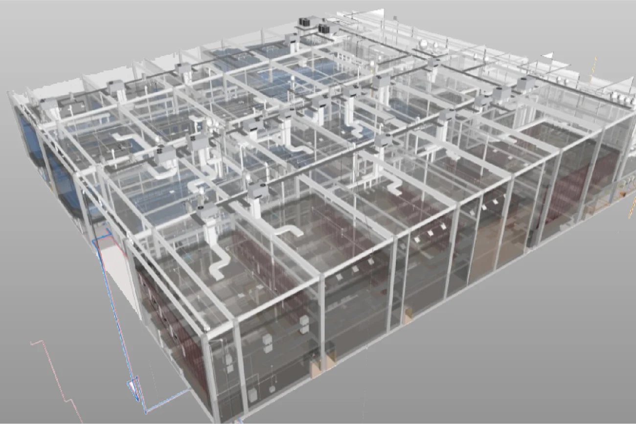 Modelo renderizado en 3D del interior de un gran edificio industrial o de oficinas, inspirado en Cinépolis Mitikah, con vigas estructurales visibles, habitaciones con paredes de vidrio, conductos de HVAC y espacios de trabajo abiertos organizados.