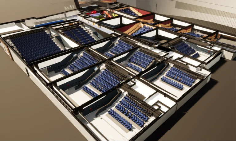 Representación en 3D de un complejo de cines Cinépolis de varios niveles en Mitikah, con varias salas llenas de filas de butacas azules, separadas por muros y pasillos, con escaleras que conectan los distintos niveles