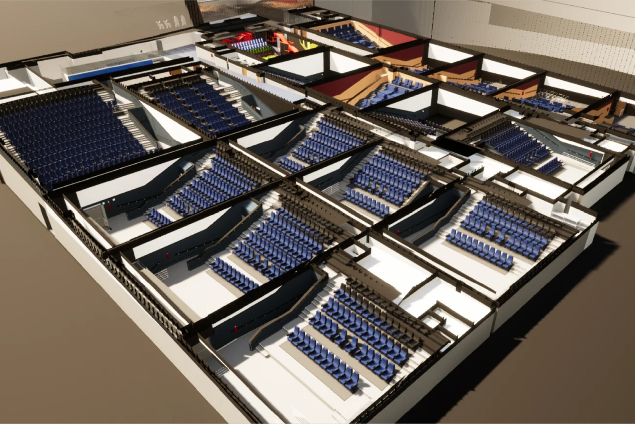 Un modelo arquitectónico renderizado en 3D muestra el diseño interior de Cinépolis Mitikah, un complejo de cines de varios niveles en la Ciudad de México, que cuenta con auditorios con asientos azules, amplias áreas de vestíbulo y varias salas separadas por paredes blancas.