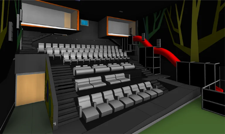 Modelo BIM de sala de cine en Ciudad de México con filas escalonadas de butacas grises, dos palcos elevados y un tobogán rojo brillante que conecta el nivel superior con la planta principal. Las paredes presentan diseños abstractos de árboles que recuerdan a Cinépolis Mitikah