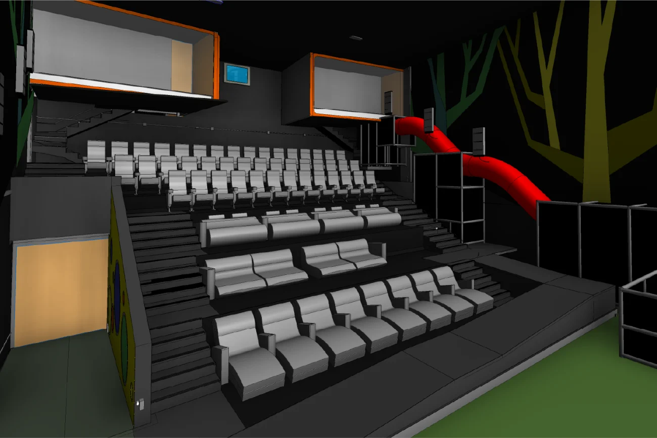 Modelo BIM moderno cine Cinépolis en Mitikah con asientos grises escalonados, dos palcos en el balcón, un llamativo tobogán rojo desde el nivel superior y arte mural que representa árboles estilizados sobre un fondo oscuro.