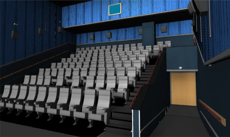 Modelo BIM de una pequeña sala de cine con filas de butacas grises vacías, paredes azules, una puerta de salida de madera a la derecha y una zona de pantallas en la parte delantera. La sala, bien iluminada, cuenta con una sección de balcón superior que recuerda a los locales boutique de Cinépolis