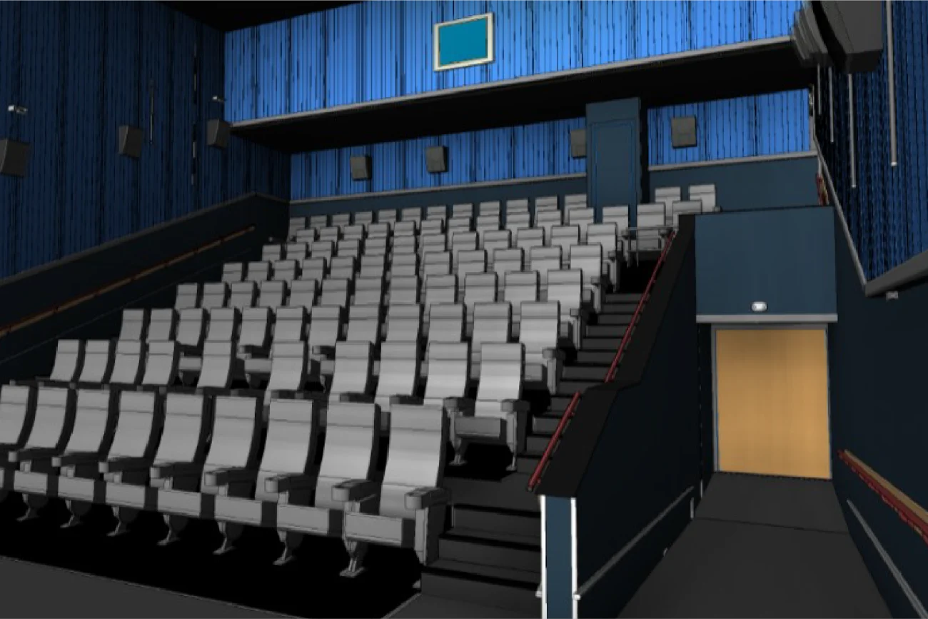 Modelo BIM de sala de cine vacía en Cinépolis Mitikah presenta filas de butacas grises frente a una pantalla en blanco. Las paredes azules con líneas verticales le dan estilo, y una puerta de madera se ve a la derecha, cerca del frente de la zona de asientos.