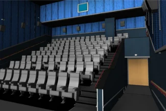 Modelo BIM de sala de cine vacía en Cinépolis Mitikah presenta filas de butacas grises frente a una pantalla en blanco. Las paredes azules con líneas verticales le dan estilo, y una puerta de madera se ve a la derecha, cerca del frente de la zona de asientos.