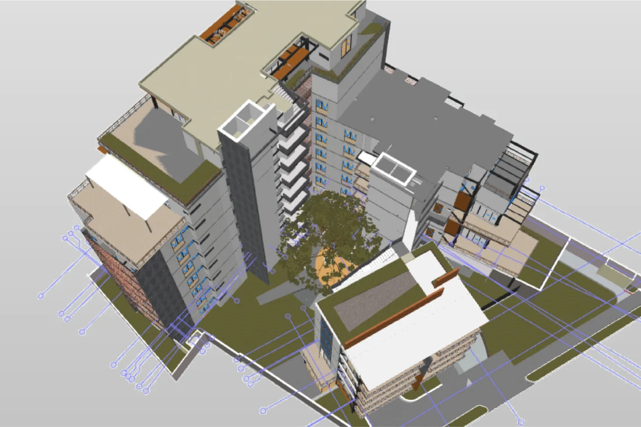 3D architectural rendering of Corteza Residencial, a multi-story desarrollo de vivienda complex featuring several connected structures around a central courtyard with trees, viewed from an elevated angle with schematic guidelines visible on the ground.
