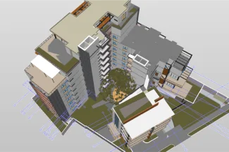 3D architectural rendering of Corteza Residencial, a multi-story desarrollo de vivienda complex featuring several connected structures around a central courtyard with trees, viewed from an elevated angle with schematic guidelines visible on the ground.