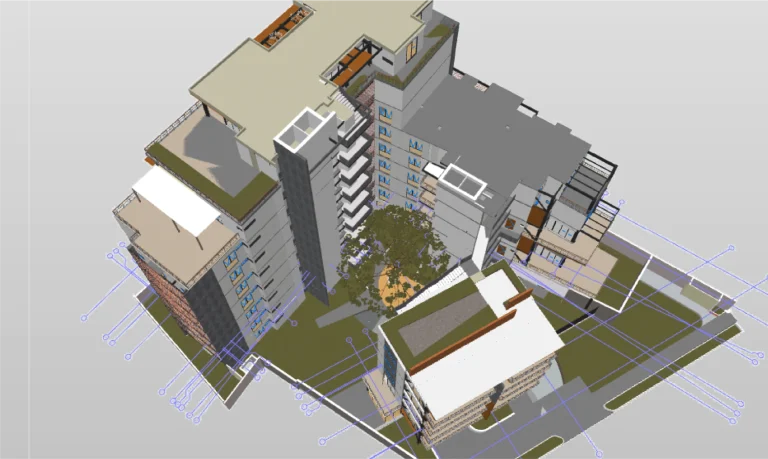 Render arquitectónico en 3D de Corteza Residencial, una vivienda de desarrollo de varias plantas con estructuras interconectadas, patio exterior, árboles, caminos y líneas de planos subyacentes visibles en el suelo