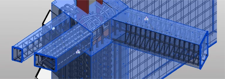 Modelo 3D del edificio Corteza Residencial con dos puentes de celosía transparentes azules que conectan las secciones. La estructura presenta vigas, pilares y soportes internos detallados, ideales para proyectos de desarrollo de viviendas con componentes mecánicos y cables visibles