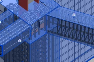 3D model rendering of Corteza Residencial, a building desarrollo featuring two blue transparent enclosed walkways connecting to the main estructura, clearly showing internal support beams and structural details for modern vivienda design.