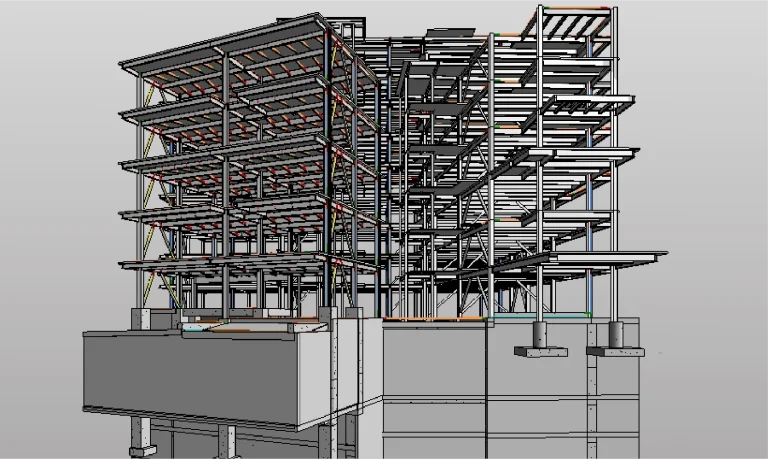 Modelo digital en 3D de una vivienda de varios pisos en construcción, que muestra la estructura de acero, columnas, vigas y pisos parcialmente terminados sobre una base de hormigón. El fondo es gris liso