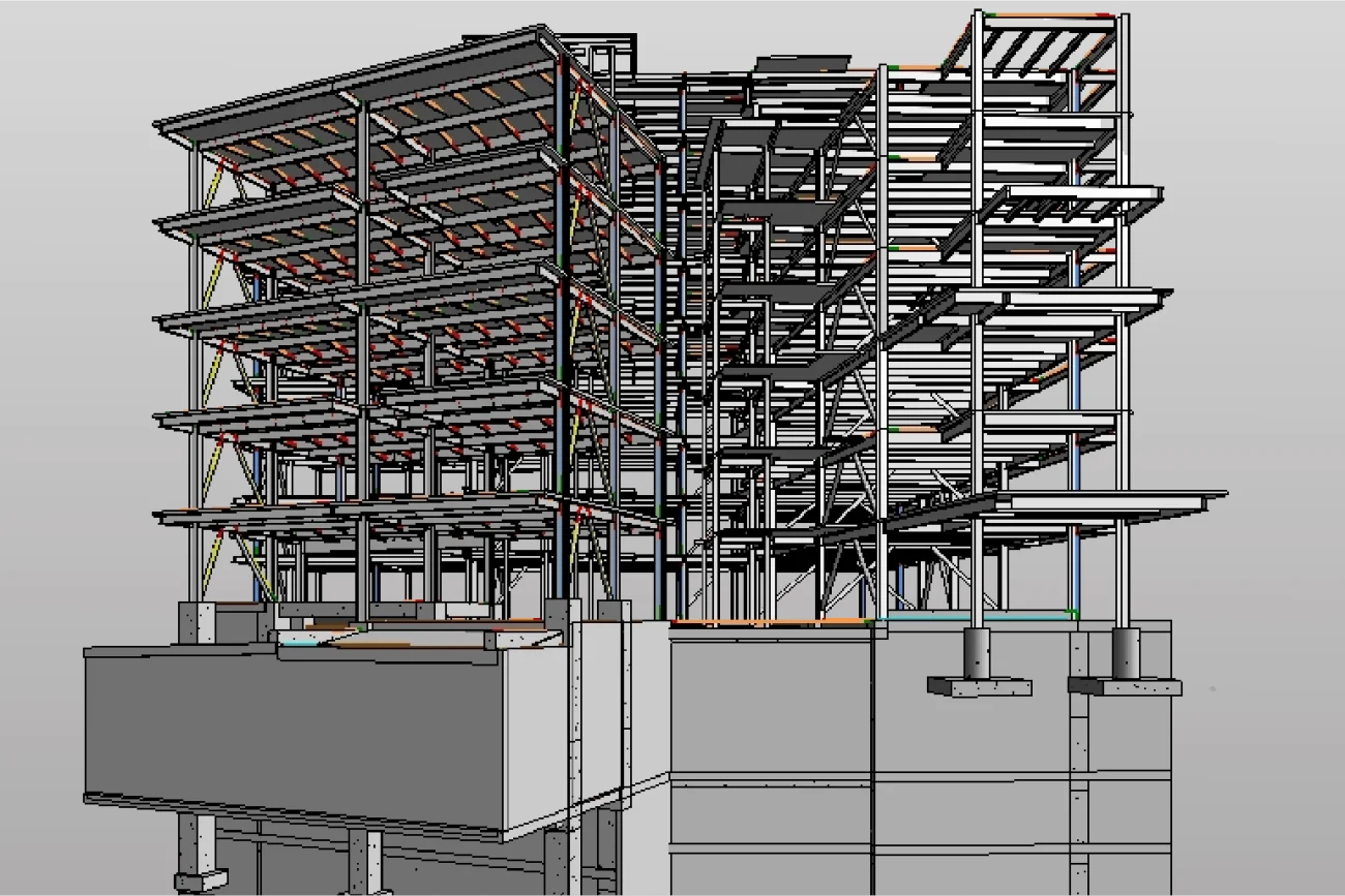 A 3D digital model of Corteza Residencial’s steel frame structure in a multi-story vivienda, showcasing beams, columns, and foundational supports from a diagonal angle, with some lower sections in solid gray for a detailed desarrollo view.