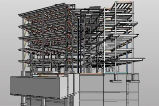 A 3D digital model of Corteza Residencial’s steel frame structure in a multi-story vivienda, showcasing beams, columns, and foundational supports from a diagonal angle, with some lower sections in solid gray for a detailed desarrollo view.