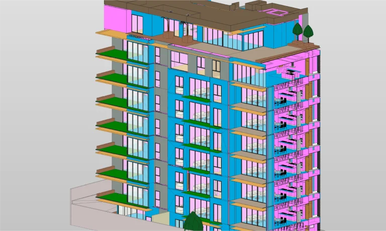 Un modelo digital en 3D de Corteza Residencial, un desarrollo de vivienda de varias plantas, muestra balcones, grandes ventanales y azoteas en tonos rosas, azules y verdes brillantes, que revelan la distribución interior y el elegante mobiliario