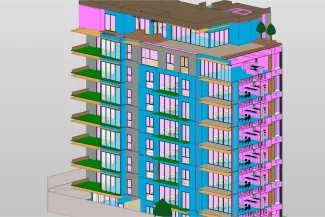 3D digital model of Corteza Residencial, a modern multi-story vivienda with colorful blue and pink exterior walls, green balcony railings, and rooftop terraces featuring plants and outdoor furniture.