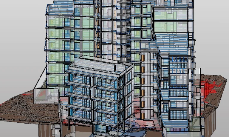 Un modelo arquitectónico en 3D de Corteza Residencial, un desarrollo de varias plantas que presenta varias estructuras interconectadas, fachadas transparentes, distribuciones interiores visibles y un zócalo paisajístico parcial