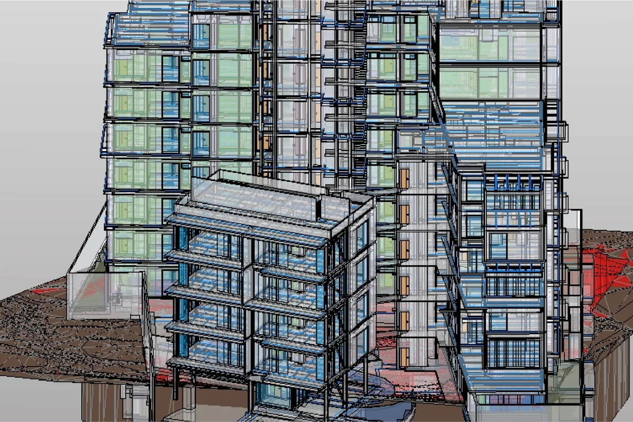 A digital 3D architectural model of Corteza Residencial displays multiple multi-story buildings with transparent exteriors, revealing interior layouts and the innovative desarrollo de vivienda on a textured, uneven base.